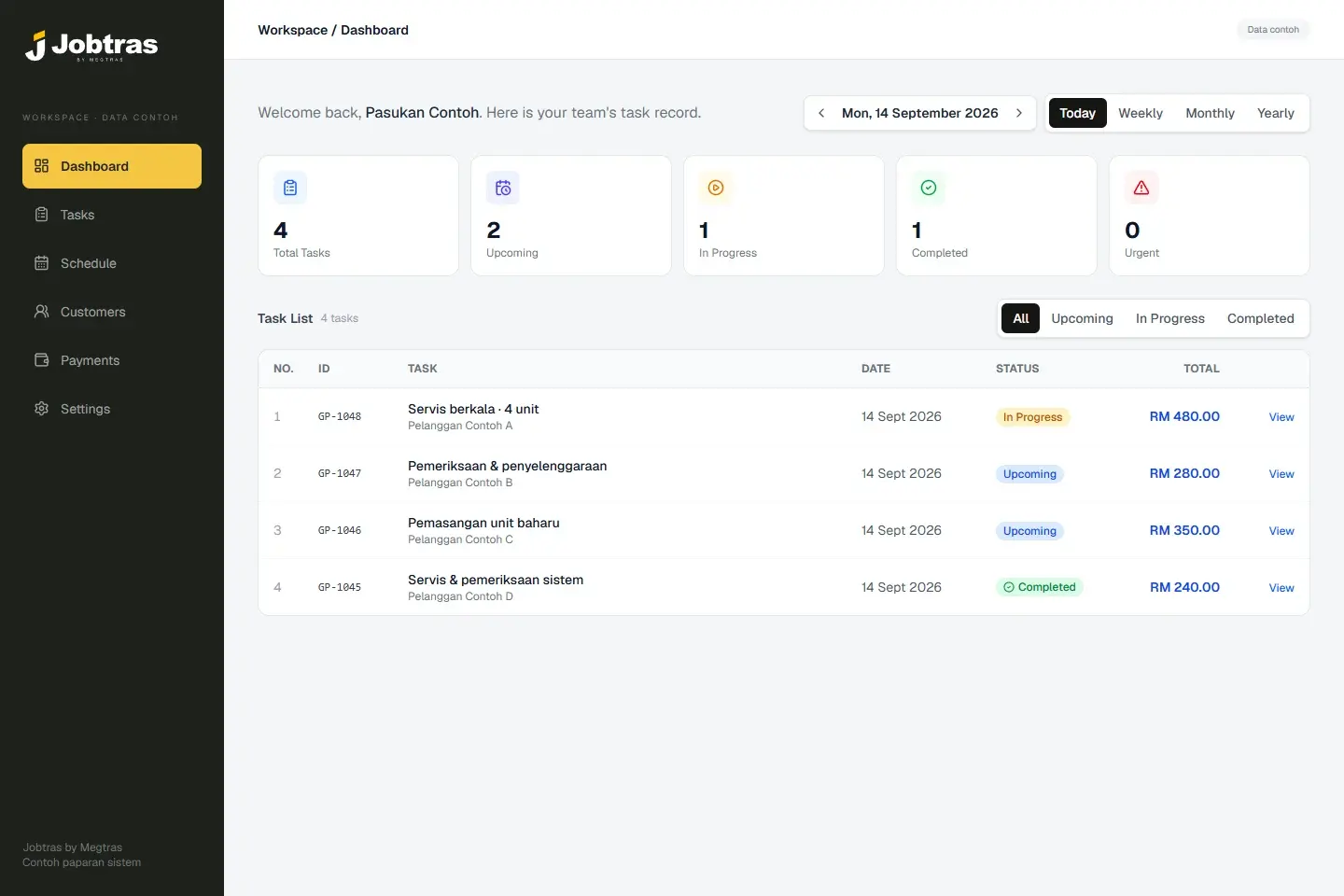 Jobtras task dashboard showing appointments and job statuses with sample data